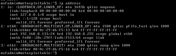 Metasploitable target IP address 192.168.8.133